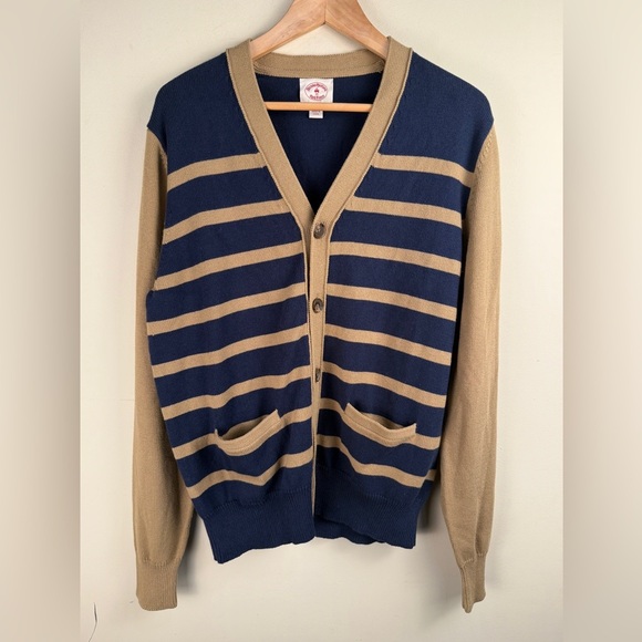 Brooks Brothers Red Fleece Button Up Cardigan Beige and Navy Men's Size Medium - Picture 1 of 9